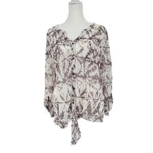 Chico's Tie Dye Button Front Blouse Women Size 2 Brown Cream Long Sleeve Tie Hem